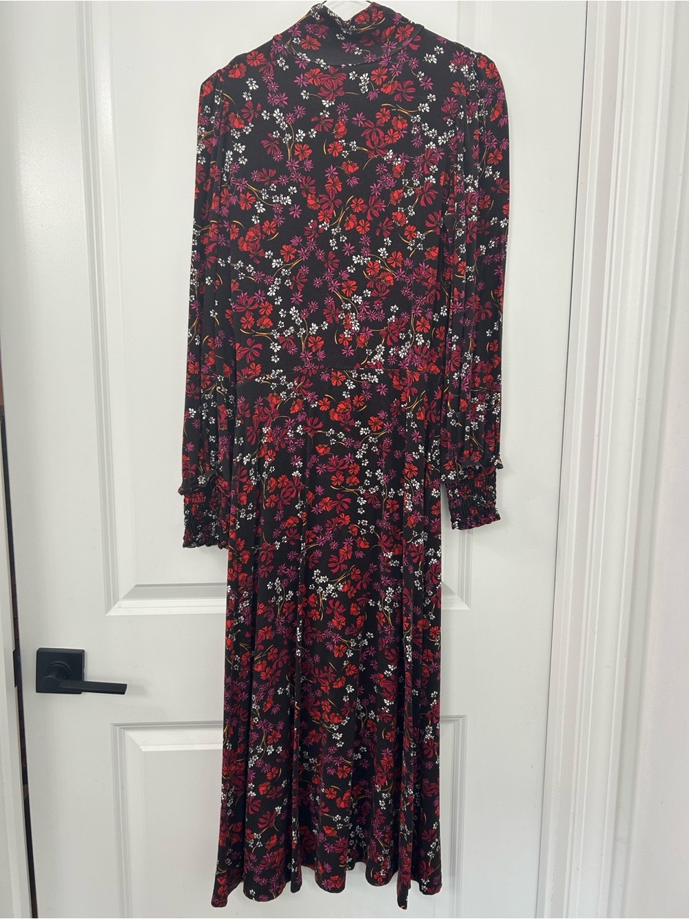 Draper James Floral Long-Sleeve Midi Dress in Black with Red & Pink Flowers